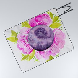 Watercolor Floral Full Moon - Pink + Purple Picnic Blanket