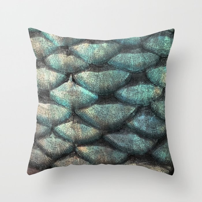Aqua rose mermaid scales Throw Pillow
