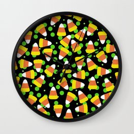 Candy Corn Jumble (black background) Wall Clock | Autumn, Orange, Black, Yellow, White, Parties, Fall, Pattern, Candy, Festive 
