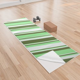 [ Thumbnail: Dark Olive Green, Light Green, and Mint Cream Colored Lines Pattern Yoga Towel ]