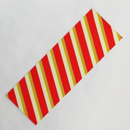 [ Thumbnail: Goldenrod, Red, Light Yellow & Yellow Colored Striped/Lined Pattern Yoga Mat ]