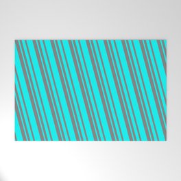 [ Thumbnail: Grey and Aqua Colored Lined/Striped Pattern Welcome Mat ]