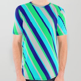 [ Thumbnail: Light Gray, Cyan, Dark Blue & Green Colored Lines Pattern All Over Graphic Tee ]