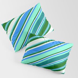 [ Thumbnail: Colorful Blue, Aquamarine, Teal, Dark Green, and Mint Cream Colored Lines/Stripes Pattern Pillow Sham ]
