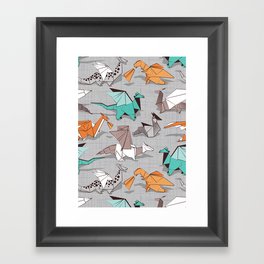 Origami dragon friends // grey linen texture background aqua orange grey and taupe fantastic creatures Framed Art Print