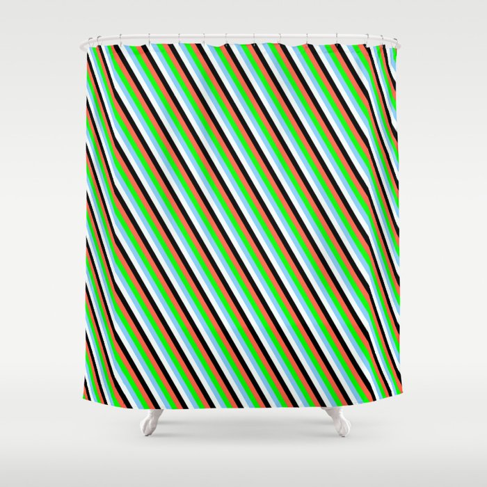 Eye-catching Red, Lime, Light Sky Blue, Mint Cream & Black Colored Lined Pattern Shower Curtain