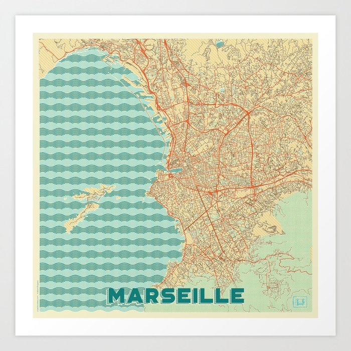 Marseille Map Retro Kunstdrucke | Graphic-design, Digital, Street, Karte, City, Illustration, Muster, Marseille