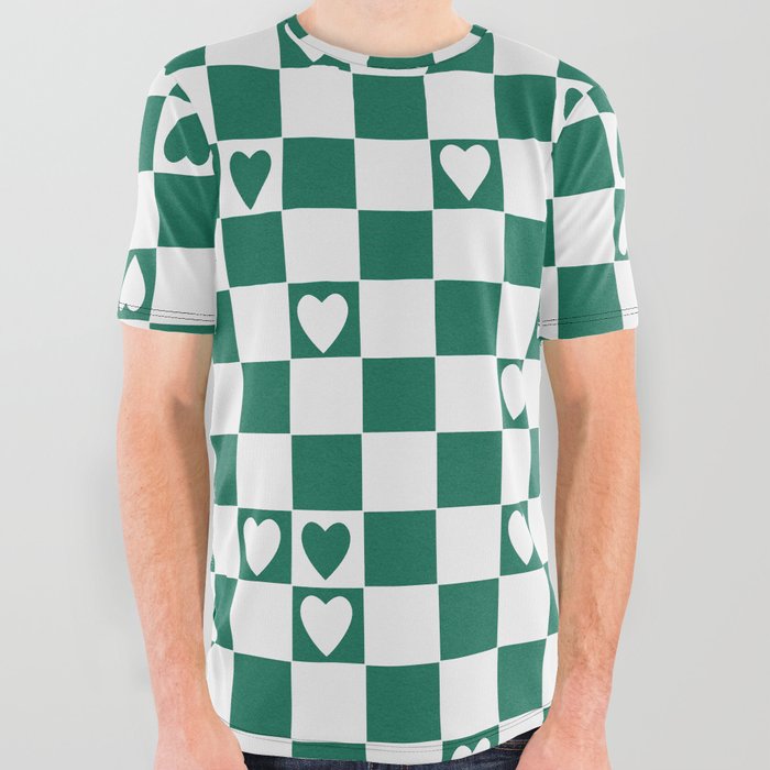 Checkered hearts teal and white All Over Graphic Tee