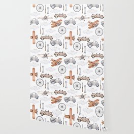 Watercolor baby pattern with retro cars and planes Wallpaper