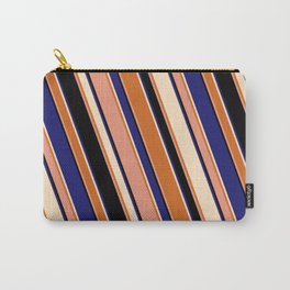 [ Thumbnail: Eyecatching Bisque, Chocolate, Dark Salmon, Black & Midnight Blue Colored Stripes/Lines Pattern Carry-All Pouch ]