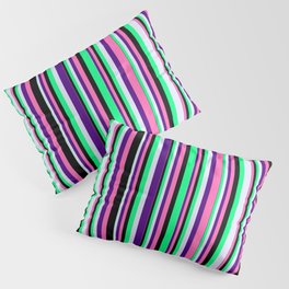 [ Thumbnail: Eye-catching Green, Lavender, Indigo, Hot Pink & Black Colored Lines/Stripes Pattern Pillow Sham ]