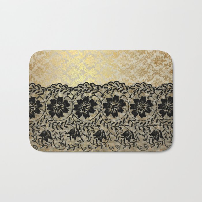 Black floral luxury lace on gold damask pattern Bath Mat