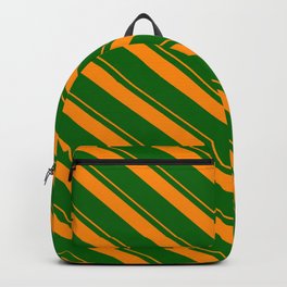 [ Thumbnail: Dark Orange & Dark Green Colored Lines Pattern Backpack ]