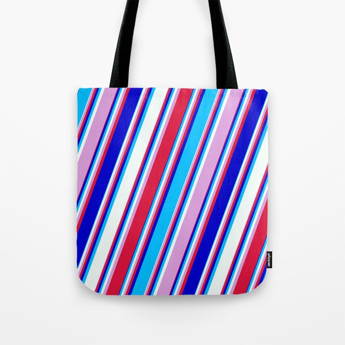 Colorful Plum, Crimson, Blue, Deep Sky Blue, and Mint Cream Colored Lined/Striped Pattern Tote Bag