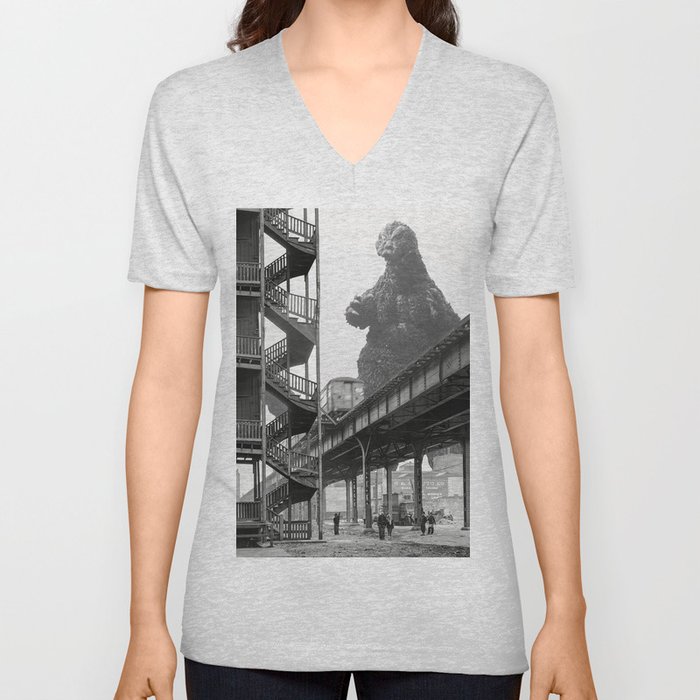 1941 Godzilla Chicago Elevated Train Visit V Neck T Shirt