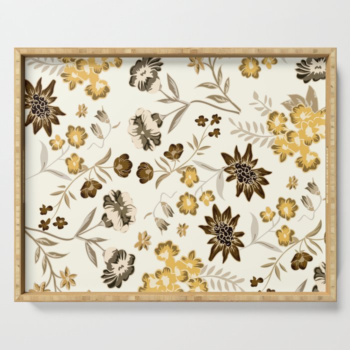 Retro Botanical Aesthetic Warm Beige Color Floral Pattern Serving Tray