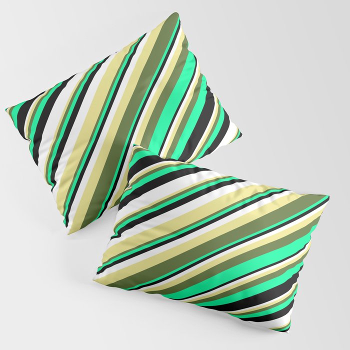 Eyecatching Tan, Dark Olive Green, Green, Black, and White Colored Lines/Stripes Pattern Pillow Sham