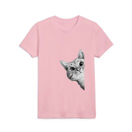 sneaky cat Kids T Shirt | Cat, Digital, Funny, Black and White, Popart, Peeking, Corner, Sneaky, Curated, Animal 