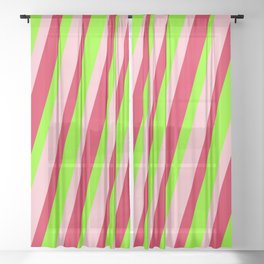 [ Thumbnail: Pink, Crimson, and Chartreuse Colored Lined Pattern Sheer Curtain ]