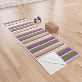 [ Thumbnail: Green, Light Salmon, Lavender & Dark Orchid Colored Stripes Pattern Yoga Towel ]