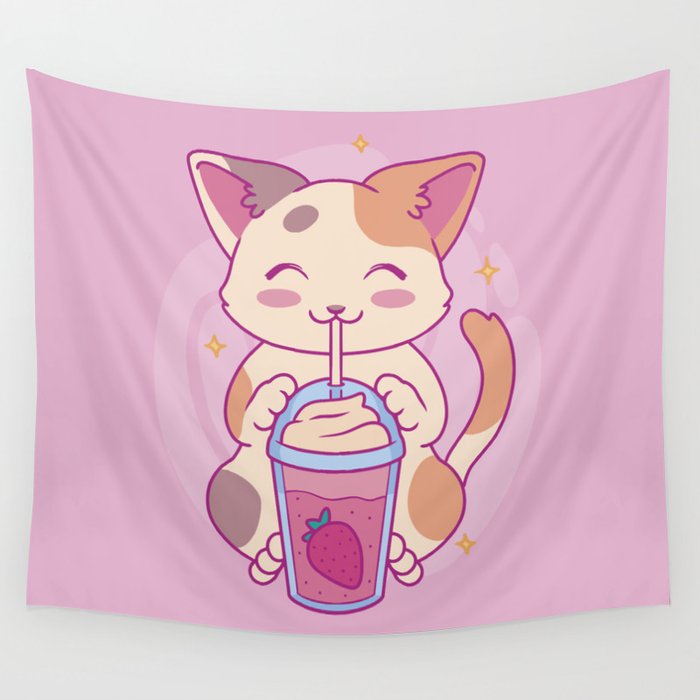 Neko Cat Strawberry Tea Milkshake | Japanese Anime Kawaii Wall Tapestry