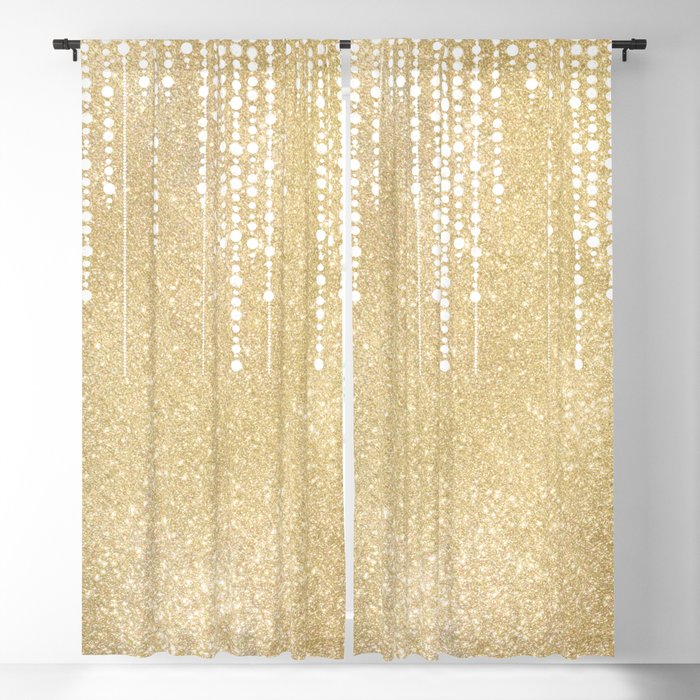 Glam Girly Gold White Ivory Glitter Drips Blackout Curtain