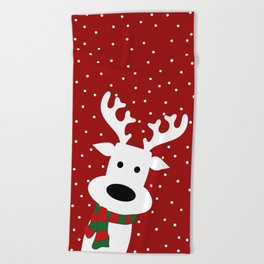 Reindeer in a snowy day (red) Beach Towel