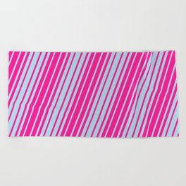 [ Thumbnail: Deep Pink and Light Blue Colored Lined/Striped Pattern Beach Towel ]