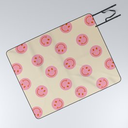 70s Retro Smiley Face Pattern in Beige & Pink Picnic Blanket