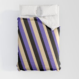 [ Thumbnail: Beige, Slate Blue, and Black Colored Striped/Lined Pattern Comforter ]