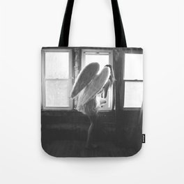 Caught Her Sneaking Out the Bathroom Window female angel black and white photograph - photography - photographs wall decor Tote Bag