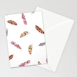 Watercolor cozy feather pattern in boho style. Gray, pink, yellow, brown, colors. Stationery Card