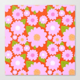 Pretty Pink Summer Flowers On Red Canvas Print