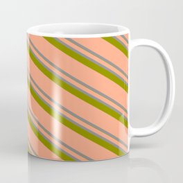 [ Thumbnail: Light Salmon, Grey & Green Colored Lined/Striped Pattern Coffee Mug ]