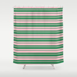 [ Thumbnail: Sea Green & Pink Colored Lined Pattern Shower Curtain ]