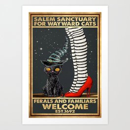 Black Cat Humane Society Placing Familiar 1692 Halloween Poster, Salem Cat Halloween Art, Halloween Art Print