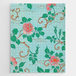 Pink Roses Floral Print Vintage Japanese Flower Pattern Jigsaw Puzzle