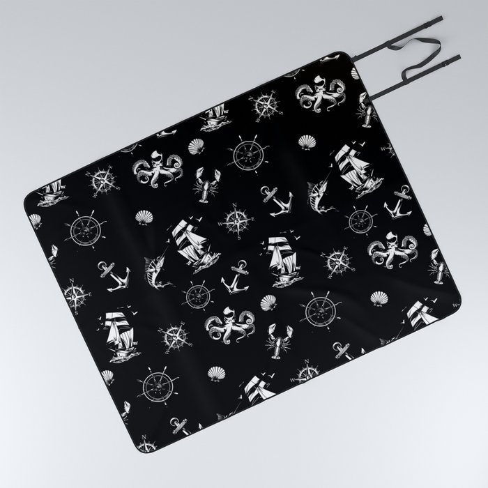 Black And White Silhouettes Of Vintage Nautical Pattern Picnic Blanket