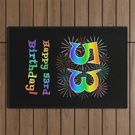 [ Thumbnail: 53rd Birthday - Fun Rainbow Spectrum Gradient Pattern Text, Bursting Fireworks Inspired Background Outdoor Rug ]