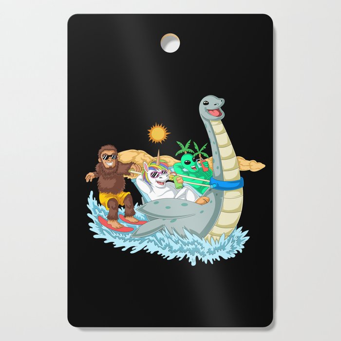 Bigfoot alien and unicorn Riding Loch Ness Cutting Board