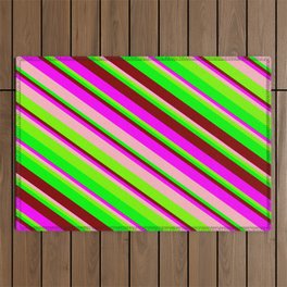 [ Thumbnail: Vibrant Fuchsia, Light Pink, Green, Lime, and Maroon Colored Pattern of Stripes Outdoor Rug ]