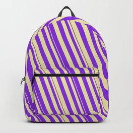 [ Thumbnail: Purple and Pale Goldenrod Colored Striped/Lined Pattern Backpack ]