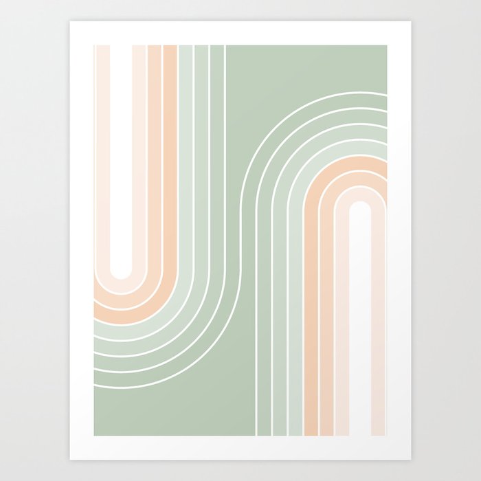 Abstract Retro Double Spring Rainbow - Pastel sage green and Peach fuzz Art Print