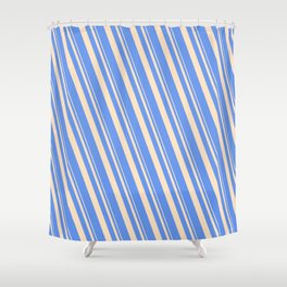 [ Thumbnail: Bisque and Cornflower Blue Colored Striped/Lined Pattern Shower Curtain ]