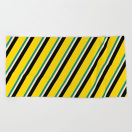 [ Thumbnail: Dark Cyan, Beige, Black & Yellow Colored Stripes/Lines Pattern Beach Towel ]