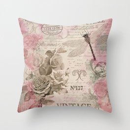 Vintage Flowers with roses and dragonfly.  Throw Pillow