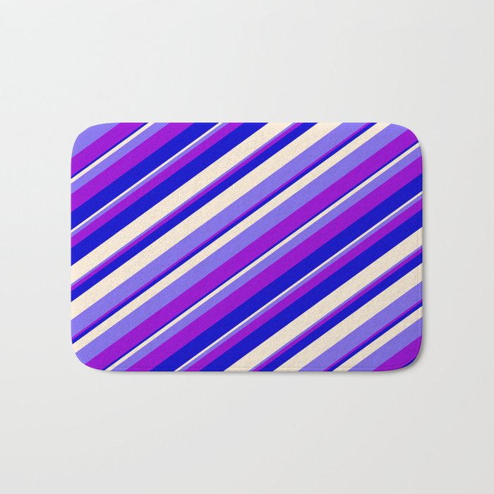 Beige, Medium Slate Blue, Dark Violet & Blue Colored Stripes Pattern Bath Mat