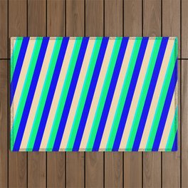 [ Thumbnail: Cyan, Green, Blue & Beige Colored Lined Pattern Outdoor Rug ]