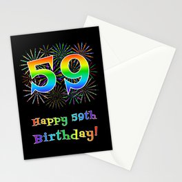 [ Thumbnail: 59th Birthday - Fun Rainbow Spectrum Gradient Pattern Text, Bursting Fireworks Inspired Background Stationery Cards ]