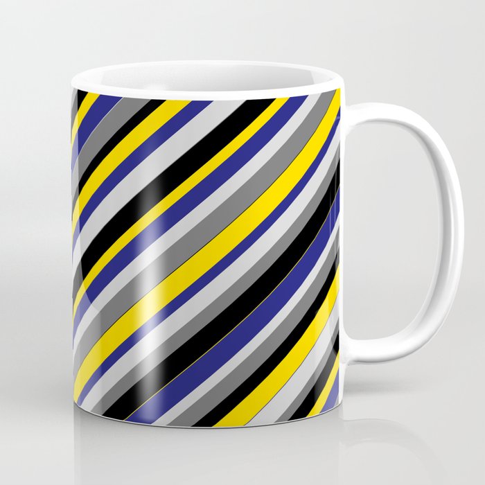 Vibrant Light Gray, Dim Gray, Black, Yellow, and Midnight Blue Colored Stripes Pattern Coffee Mug